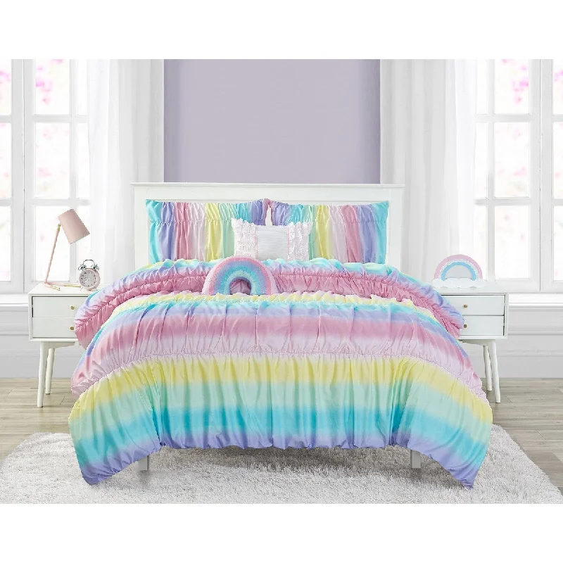 Wool - filled comforters with natural moisture - wicking and temperature - regulating featuresRainbow Ruched Ultra Soft Microfiber Comforter Set with Rainbow Shaped Pillow & Ruffle Pillow Wool - filled comforters with natural moisture - wicking and temperature - regulating featuresRainbow Ruched Ultra Soft Microfiber Comforter Set with Rainbow Shaped Pillow & Ruffle Pillow