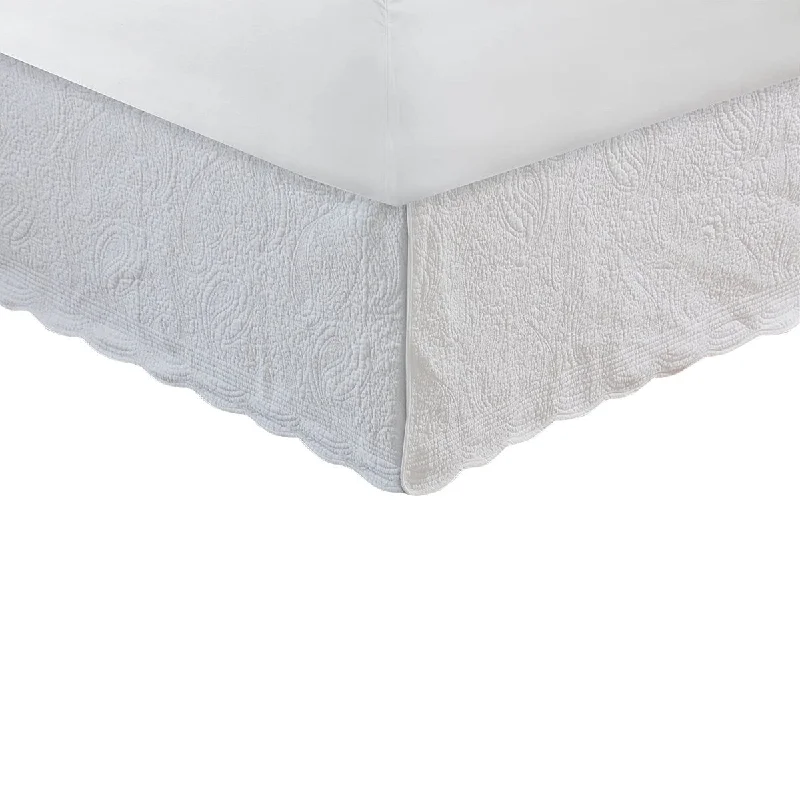 Bed skirts with a modern art - inspired printTiber Fabric King Size Bed Skirt with Paisley Stitching Details, White Bed skirts with a modern art - inspired printTiber Fabric King Size Bed Skirt with Paisley Stitching Details, White