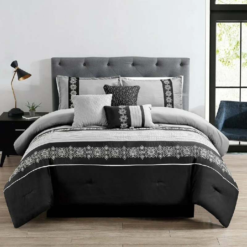Microfiber - filled comforters that are lightweight and easy to care for7 Piece Comforter Set Embroidered Design Microfiber Queen Grey Black