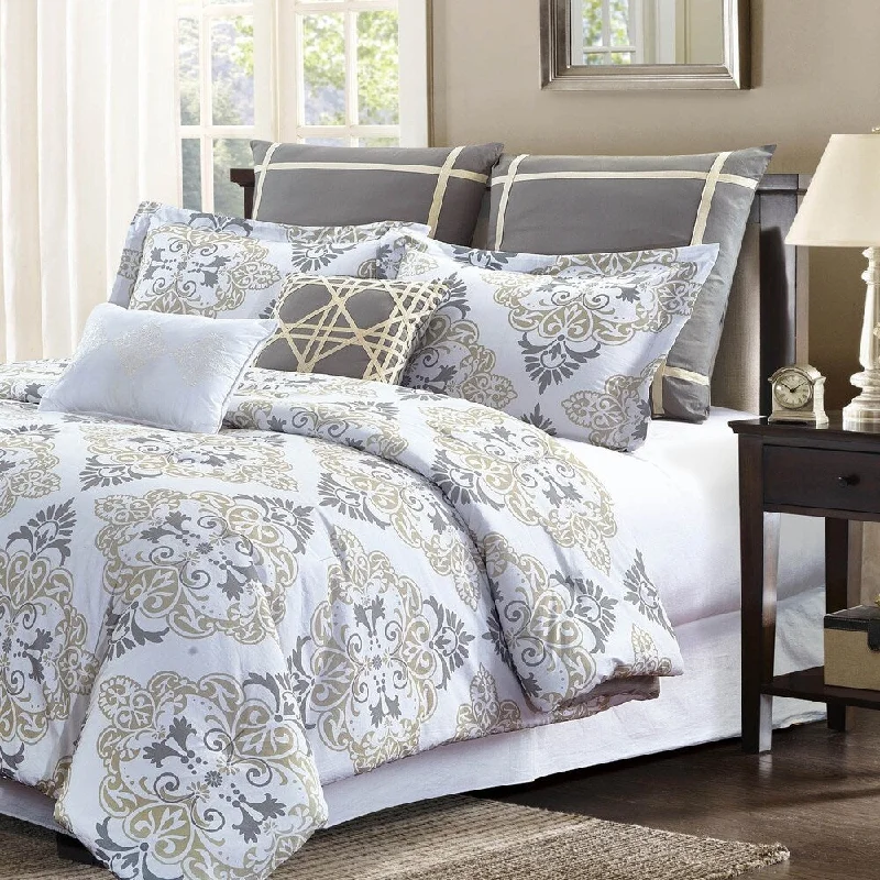 Goose down comforters known for their superior quality and insulationStyle Quarters Suri 7pc Comforter Set - Gray and Taupe Damask Print - 100% Cotton - Machine Washable - King