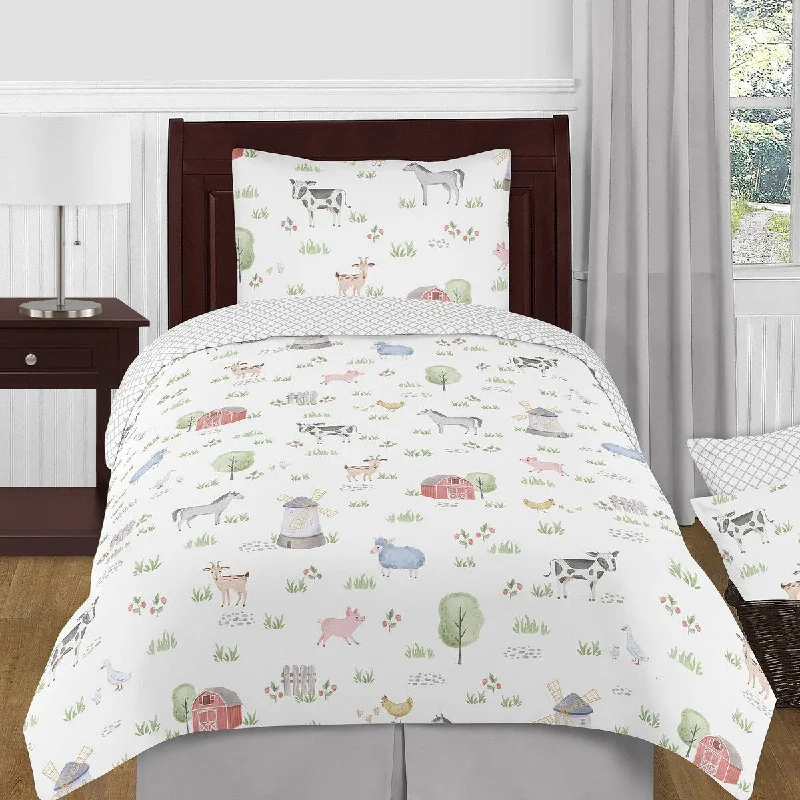 Down - filled comforters for supreme warmth and lightnessFarm Animals Collection Boy or Girl 4-piece Twin-size Comforter Set - Watercolor Farmhouse Lattice Horse Cow Sheep Pig