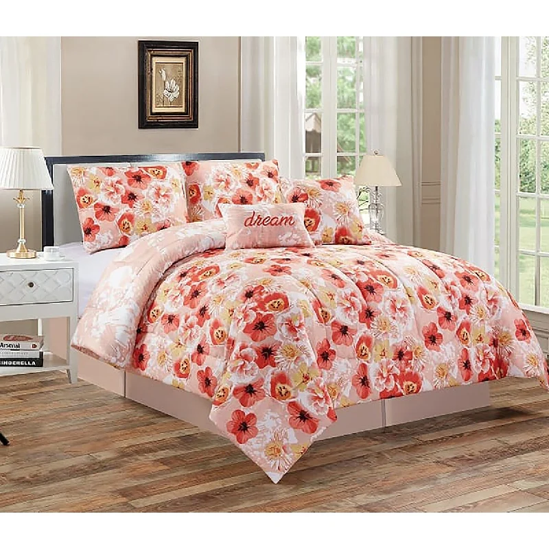 Down - filled comforters for supreme warmth and lightness5 Piece Comforter Set Soft Bedding Pink Orange Floral Botanical Queen Size