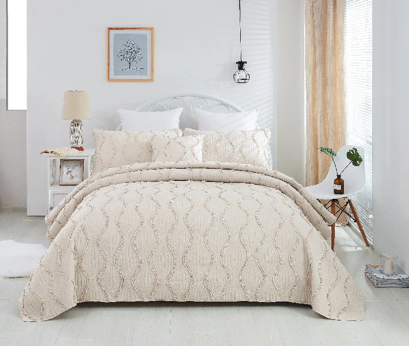 southwestern style bedspreads with native american patterns for a cultural touchDaDa Bedding Soft Charming French Country Ruffles Quilted Cotton Bedspread Set - Ivory Cream Tan (JHW873)