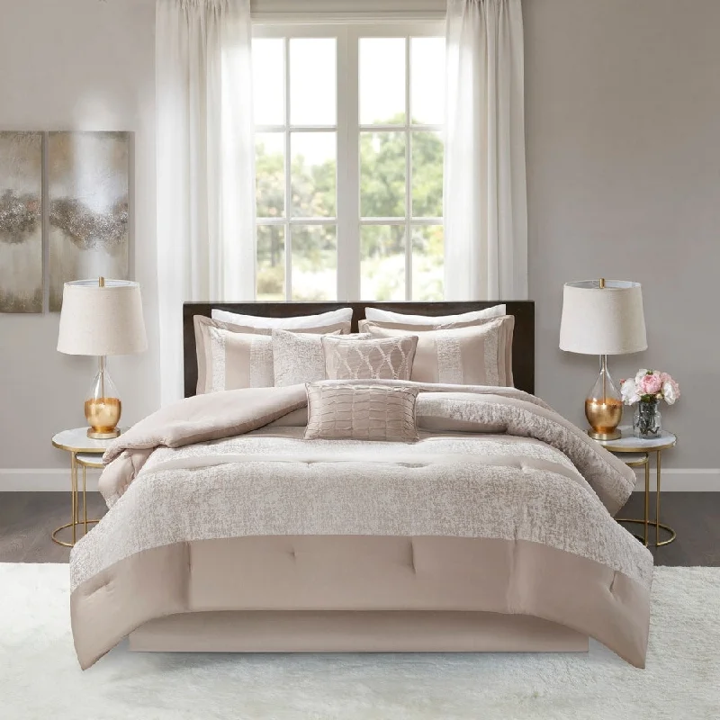 Wool - filled comforters with natural moisture - wicking and temperature - regulating featuresMadison Park Elicia Taupe 7 Piece Chenille Jacquard Comforter Set Wool - filled comforters with natural moisture - wicking and temperature - regulating featuresMadison Park Elicia Taupe 7 Piece Chenille Jacquard Comforter Set