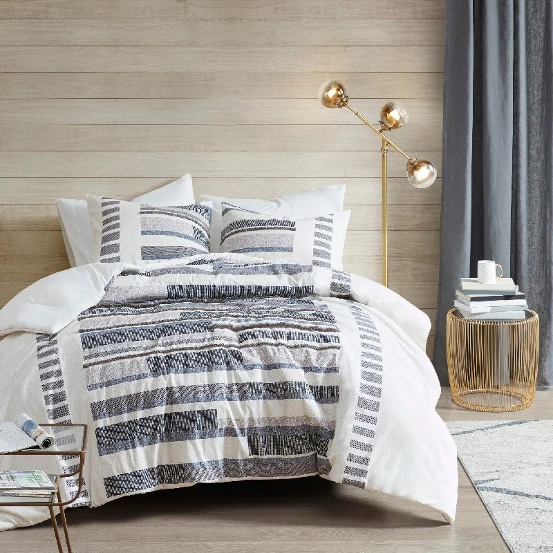 Microfiber - filled comforters that are lightweight and easy to care forINK+IVY Serena 3 Piece Cotton Printed Comforter Set w/trims Navy