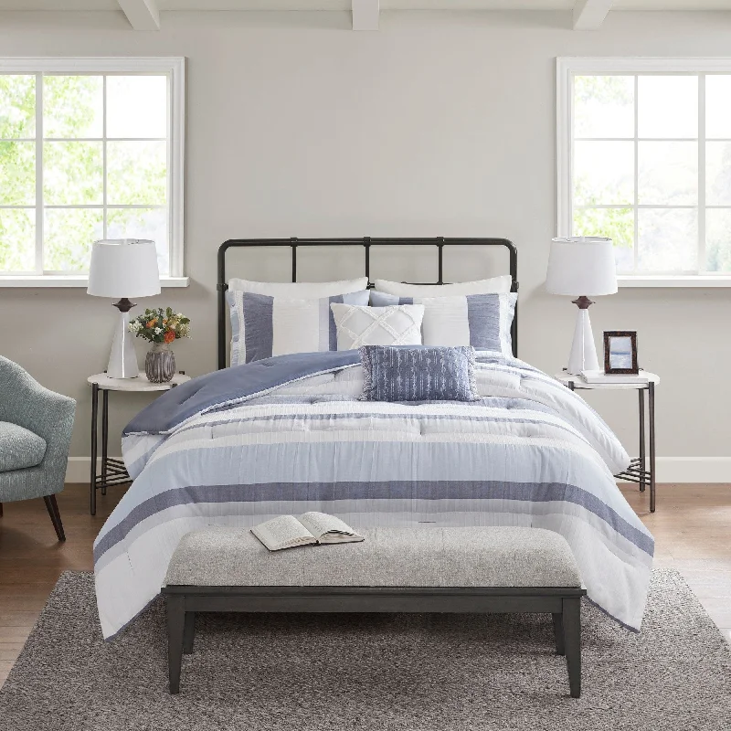 Latex - filled comforters with a bouncy texture and good supportMadison Park Levi Blue/ Natural 5 Piece Jacquard Comforter Set Latex - filled comforters with a bouncy texture and good supportMadison Park Levi Blue/ Natural 5 Piece Jacquard Comforter Set