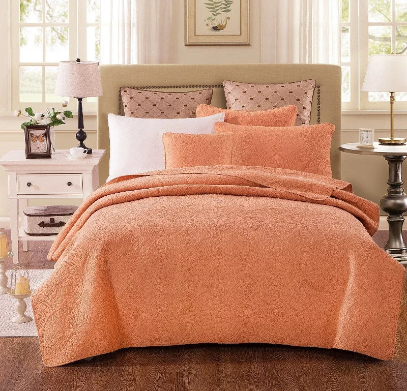 silk bedspreads with a luxurious and smooth textureTache Tuscany Sunrise Medallion Orange Rustic Stone Washed Cotton Quilt Set (JHW-595)