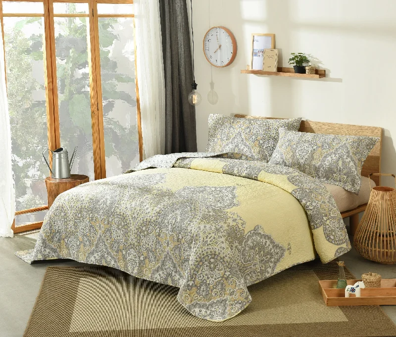 mid - century modern bedspreads with iconic shapes and colors for a stylish spaceDaDa Bedding Bohemian Pale Daffodil Bedspread Set - Yellow Grey Floral Indian Medallion (C15205-7) mid - century modern bedspreads with iconic shapes and colors for a stylish spaceDaDa Bedding Bohemian Pale Daffodil Bedspread Set - Yellow Grey Floral Indian Medallion (C15205-7)