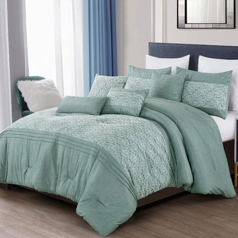 Cotton - filled comforters for a breathable and natural sleep experience7 Piece Comforter Set Light Green Floral Embroidery Soft Bedding