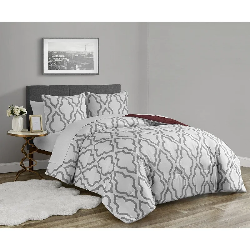 Wool - filled comforters with natural moisture - wicking and temperature - regulating featuresGeo Burgundy Reversible 3 piece comforter set Wool - filled comforters with natural moisture - wicking and temperature - regulating featuresGeo Burgundy Reversible 3 piece comforter set