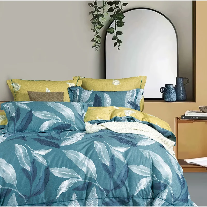Synthetic - filled comforters like polyester for affordability and hypoallergenic propertiesLinette Blue/White Banana Leaves 100% Cotton Reversible Comforter Set