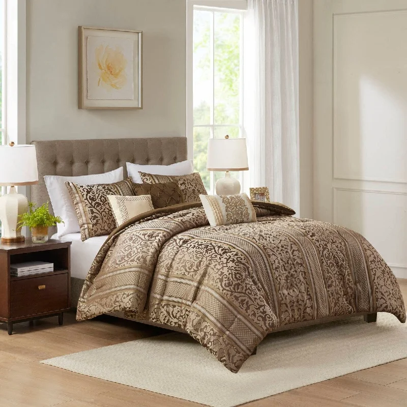 Synthetic - filled comforters like polyester for affordability and hypoallergenic propertiesMadison Park Bella 6 Piece Jacquard Comforter Set with Throw Pillows