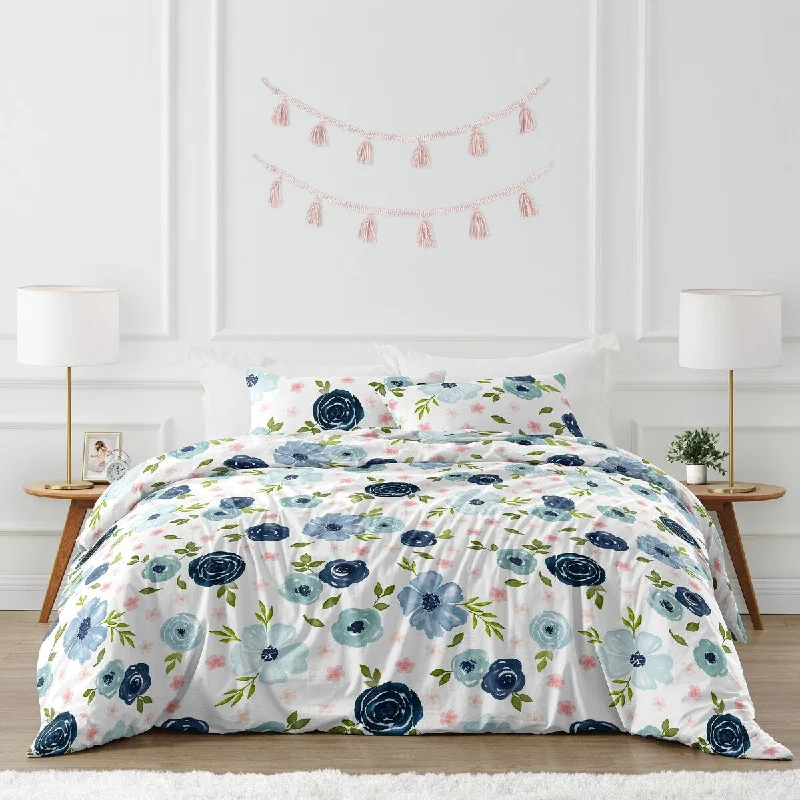 Synthetic - filled comforters like polyester for affordability and hypoallergenic propertiesNavy Blue and Pink Watercolor Floral Girl 3pc Full/Queen Comforter Set - Blush Green White Shabby Chic Flower