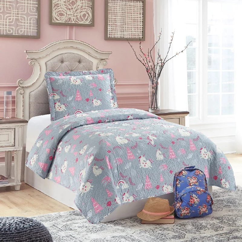 asian - inspired bedspreads with traditional motifs such as cherry blossoms or dragons for a zen atmosphereAll American Collection Pink-Grey Unicorn Printed Bedspread Set asian - inspired bedspreads with traditional motifs such as cherry blossoms or dragons for a zen atmosphereAll American Collection Pink-Grey Unicorn Printed Bedspread Set
