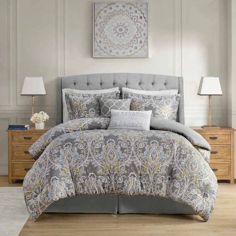 Wool - filled comforters with natural moisture - wicking and temperature - regulating featuresHarbor House Hallie 6-piece Grey Damask Pattern Cotton Comforter Set Wool - filled comforters with natural moisture - wicking and temperature - regulating featuresHarbor House Hallie 6-piece Grey Damask Pattern Cotton Comforter Set