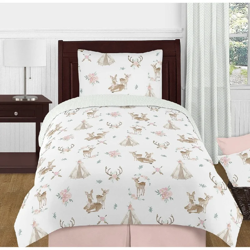 Microfiber - filled comforters that are lightweight and easy to care forSweet Jojo Designs Blush Pink Mint Boho Watercolor Woodland Deer Floral Collection Girl 4-piece Twin-size Comforter Set