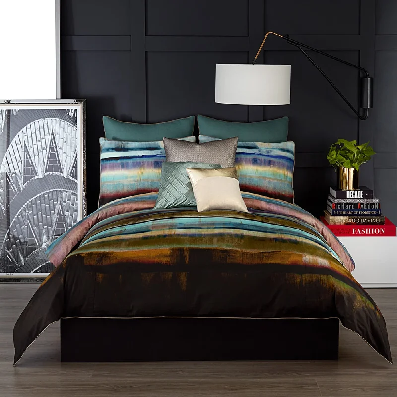 Microfiber - filled comforters that are lightweight and easy to care forVince Camuto Lille 3-piece Striped Green and Gold Comforter Set