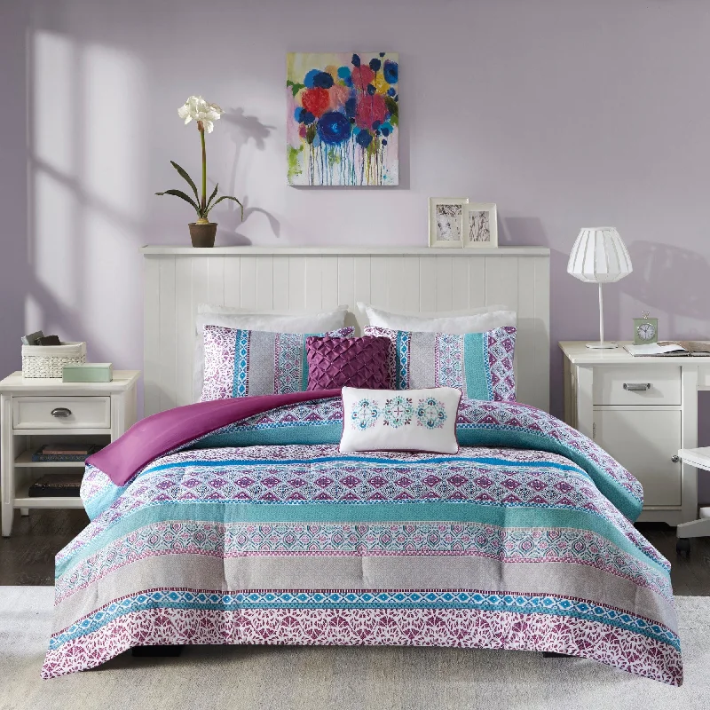 Goose down comforters known for their superior quality and insulationAdley Purple Printed Comforter Set by Intelligent Design