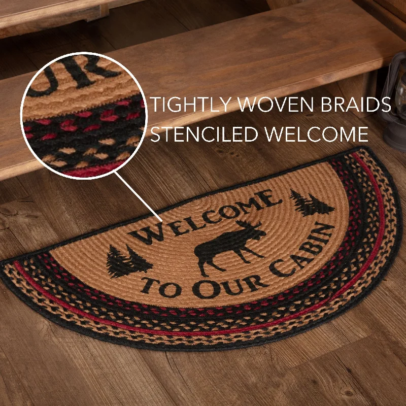Bed skirts with a retro - style patternCumberland Stenciled Moose Jute Rug Half Circle Welcome to the Cabin w/ Pad 16.5x33 Bed skirts with a retro - style patternCumberland Stenciled Moose Jute Rug Half Circle Welcome to the Cabin w/ Pad 16.5x33